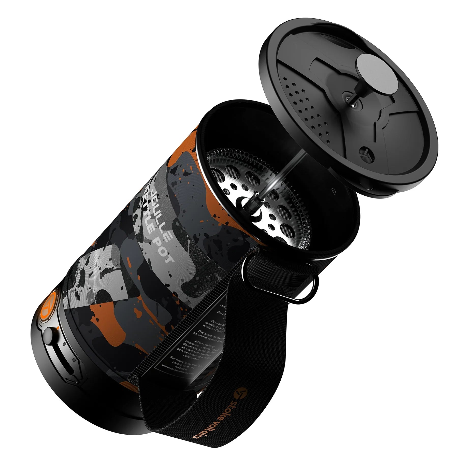 Stoke Voltaics all-purpose kettle pot and French press cooking system with camo design