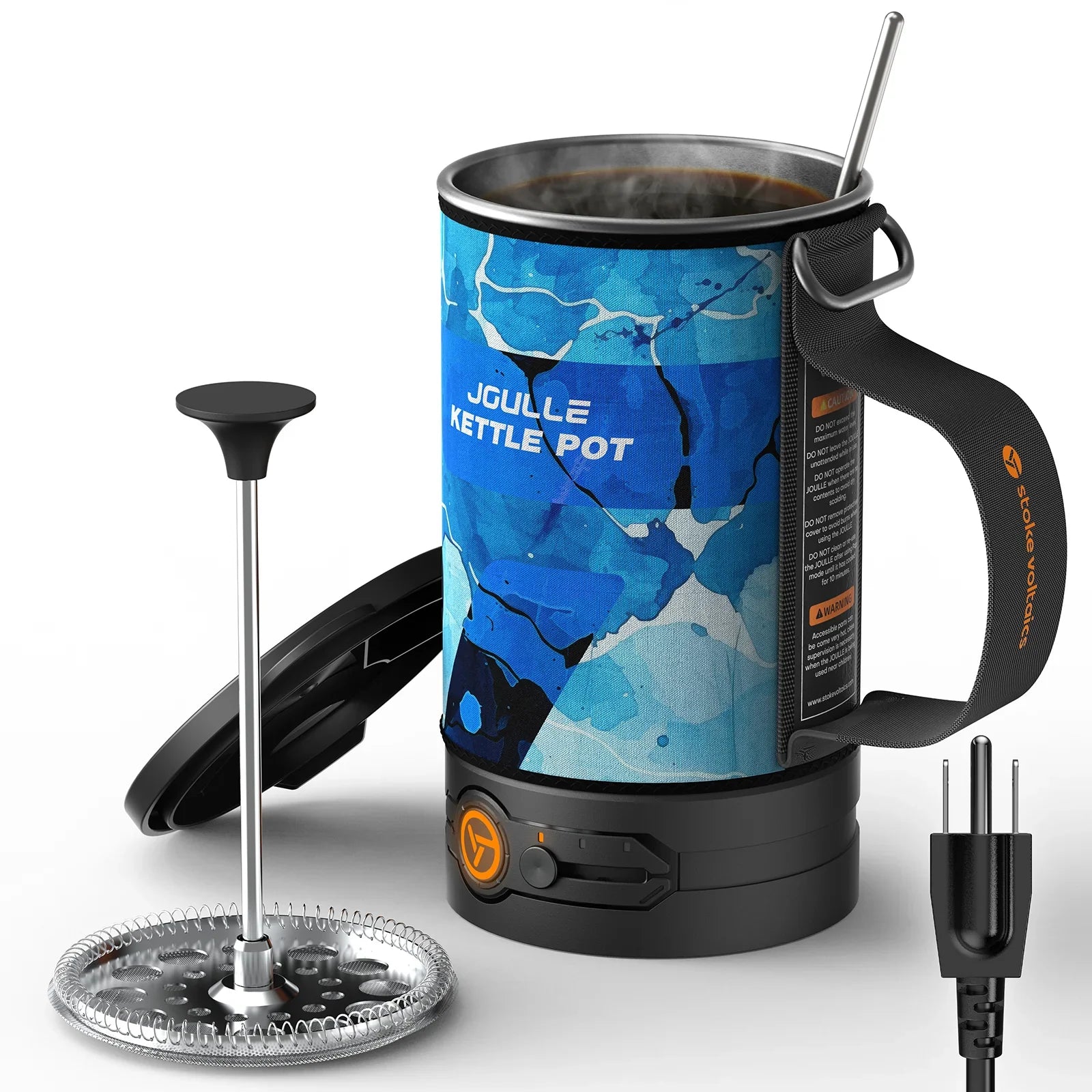 Stoke Voltaics electric kettle pot with blue cover, French press, and mixing stick