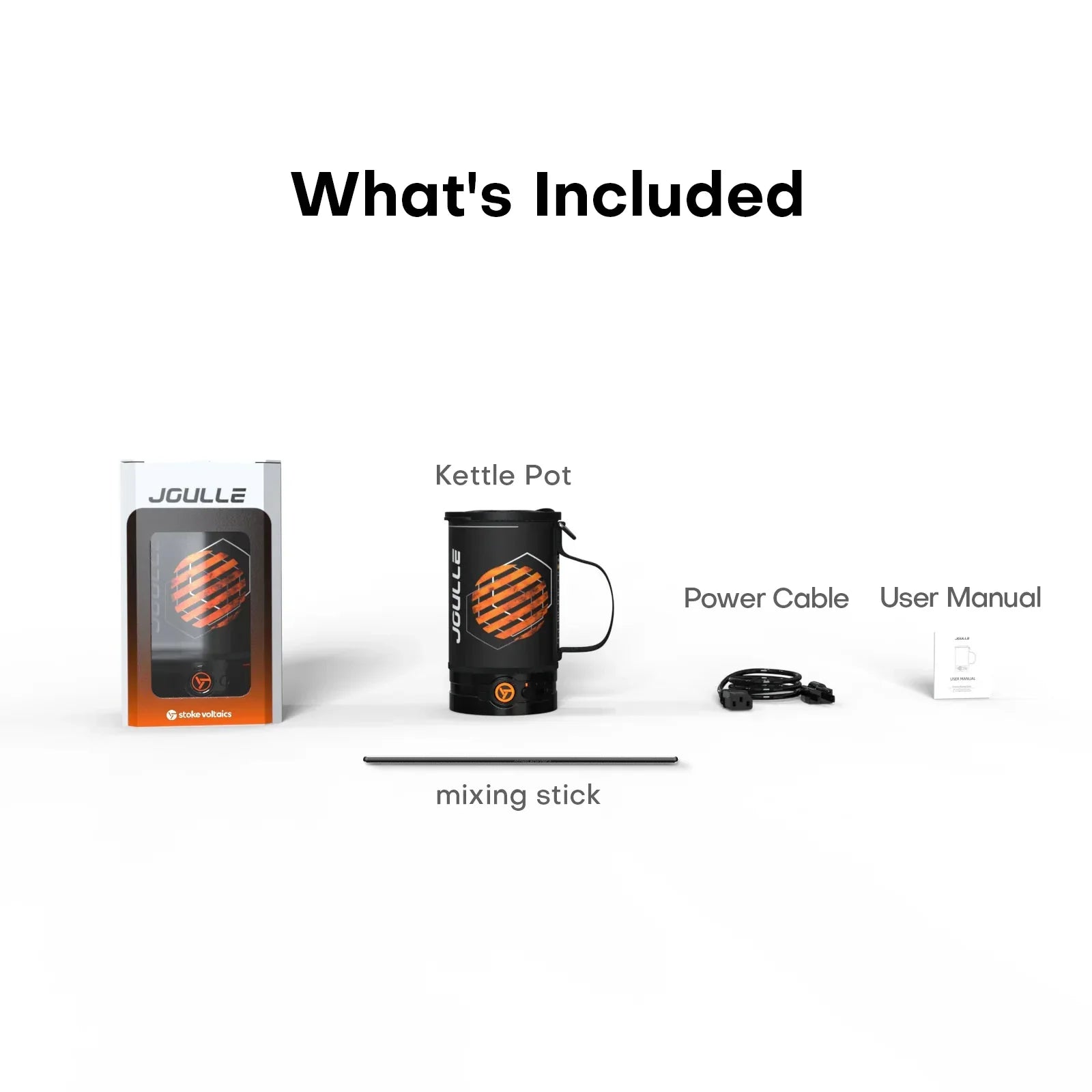 Stoke Voltaics Joule electric kettle pot packaging, kettle, mixing stick, power cable, user manual