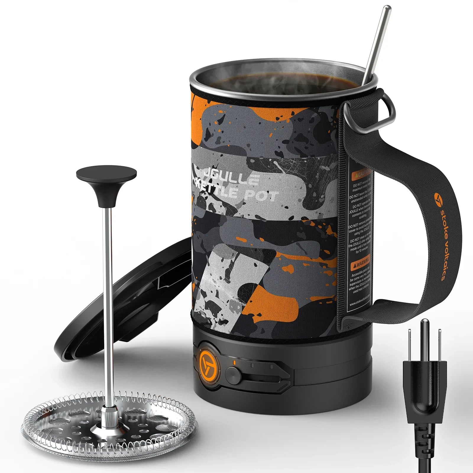 Stoke Voltaics electric kettle pot with camo design, French press accessory, and mixing stick