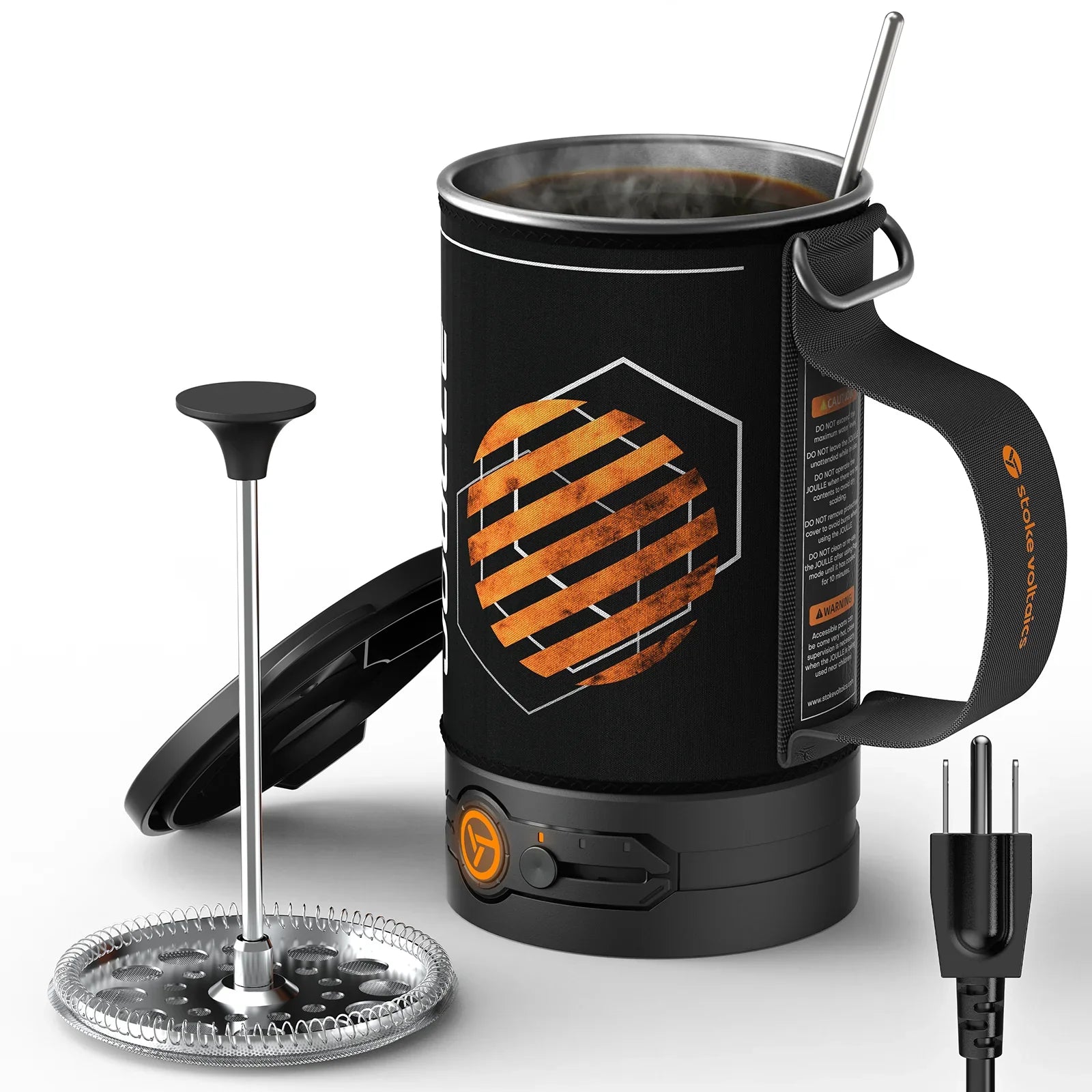 Stoke Voltaics electric kettle with French press accessory and power cord, modern outdoor design