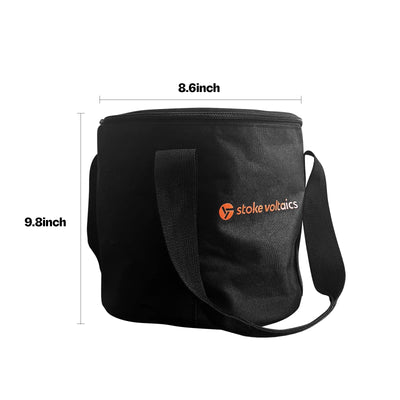 Stoke Voltaics black carrying bag with orange logo, 8.6 x 9.8 inches, camping accessory