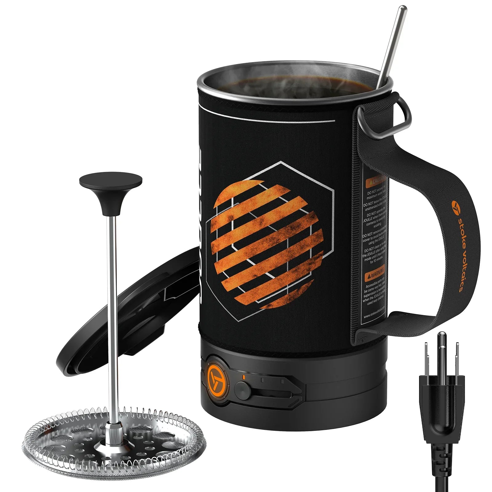 Electric French press coffee maker with black handle, plug, and orange Stoke Voltaics logo.