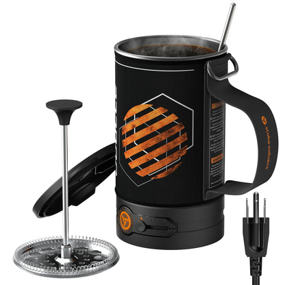 Electric French press coffee maker with black handle, plug, and orange Stoke Voltaics logo.