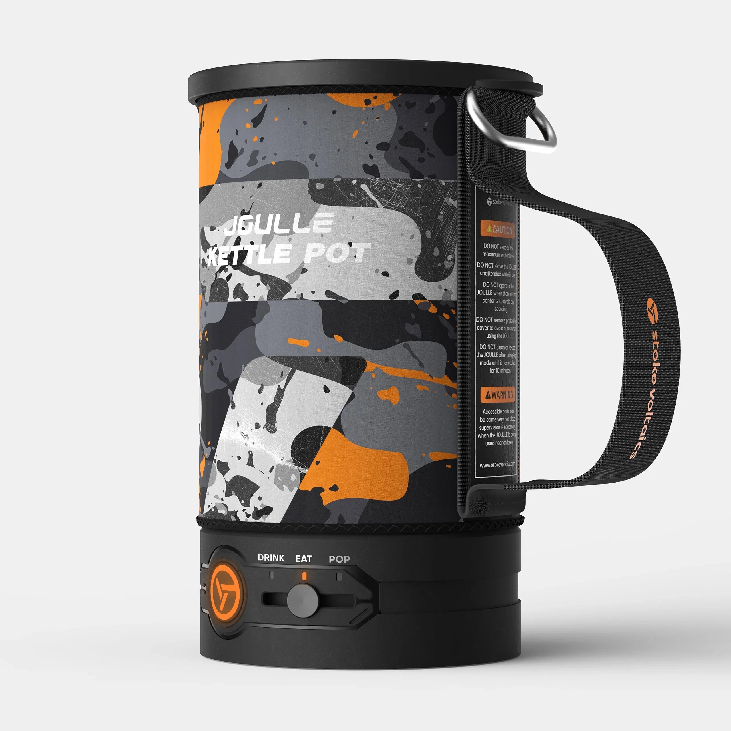Stoke Voltaics electric kettle pot with camouflage design and adjustable control dial
