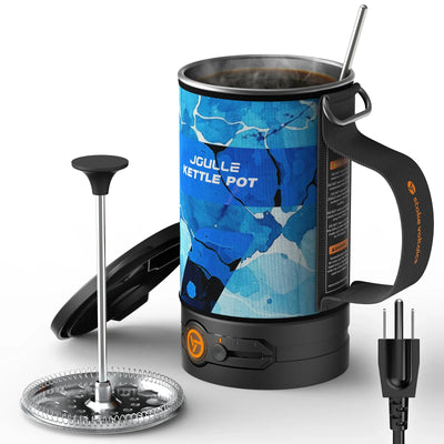 Stoke Voltaics electric kettle pot with blue cover, French press, and mixing stick