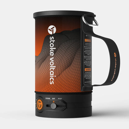 Stoke Voltaics electric kettle pot with terrain pattern, black handle, and control dial