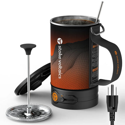 Stoke Voltaics electric kettle pot with French press and mixing bar for camping use