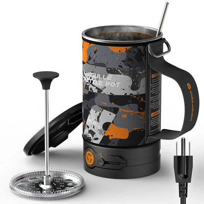 Stoke Voltaics electric kettle pot with camo design, French press accessory, and mixing stick